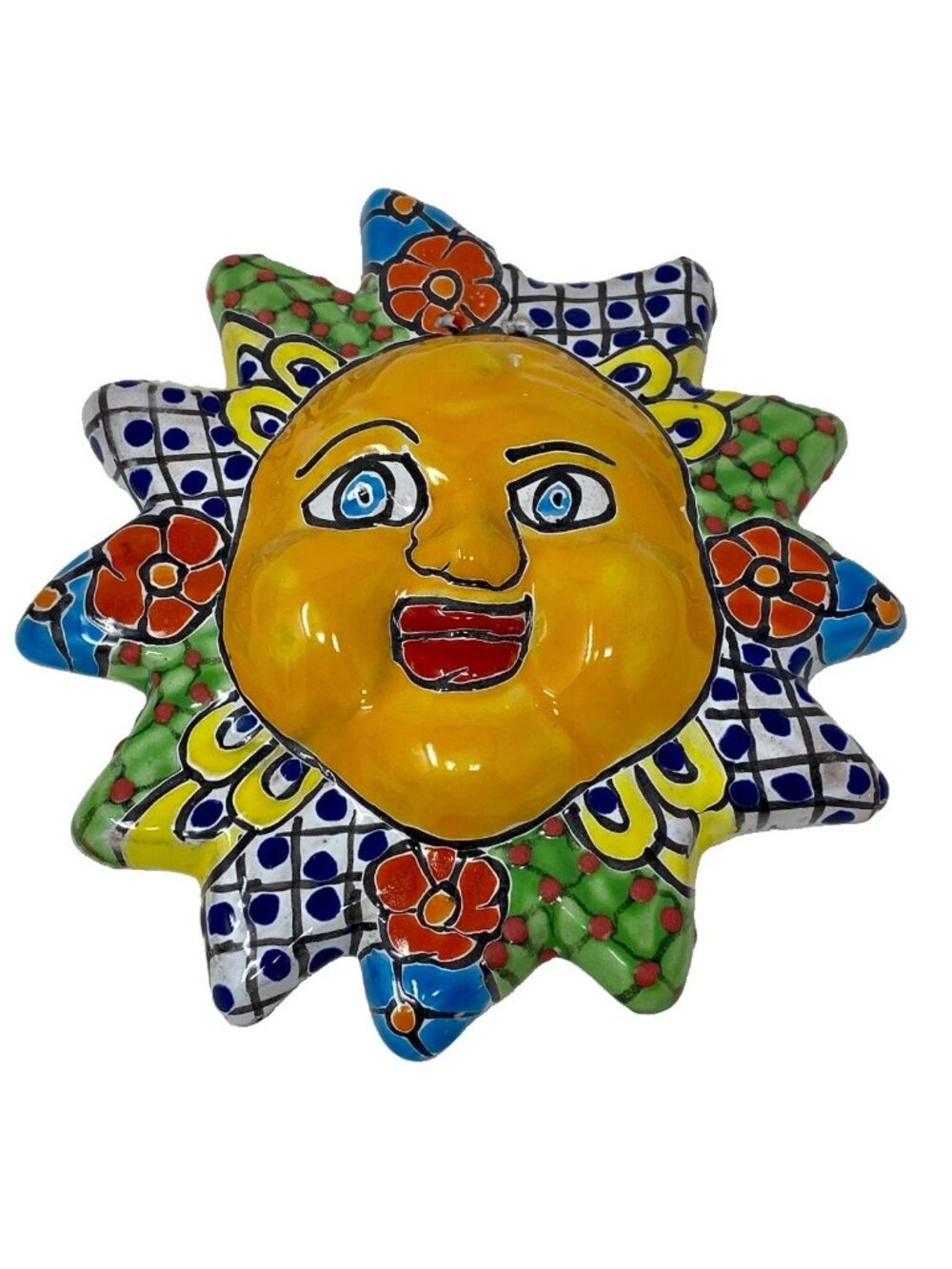 Mexican Sun Face Folk Art Talavera Pottery Hand Painted 8.5” Wall Plaque Decor